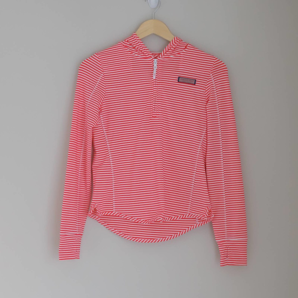 NEW Vineyard Vines Girls The Shep Shirt Hood Quarter Zip Pink/White Stripe Large